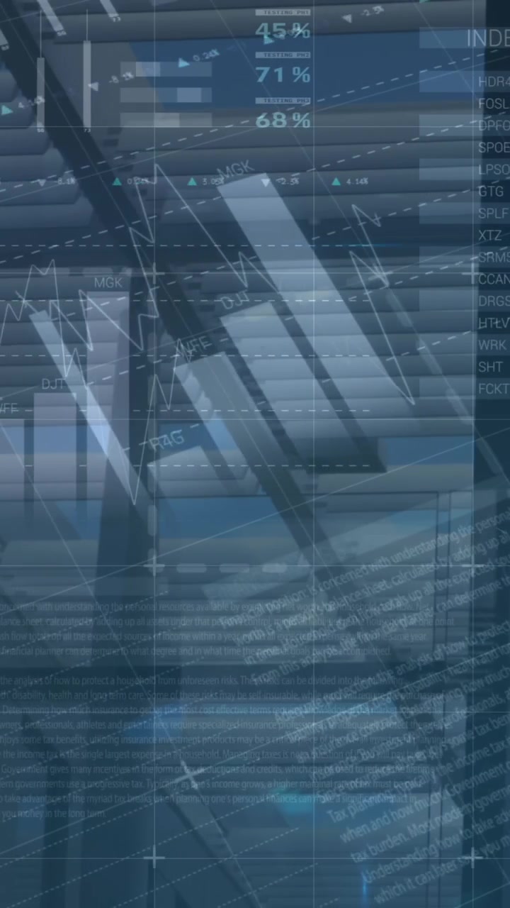 Animation of graphs and financial data over office space and businesspeople walking