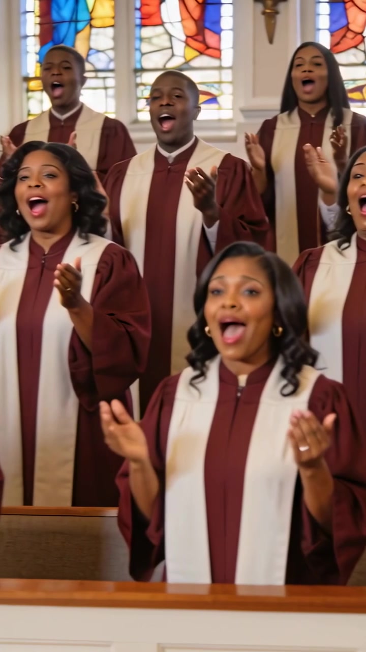 Vertical video: Clapping choir singing hymn for worship in church on cue, wearing maroon robes
