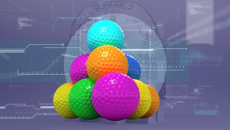 animación de pelotas de golf sobre procesamiento de datos y globo