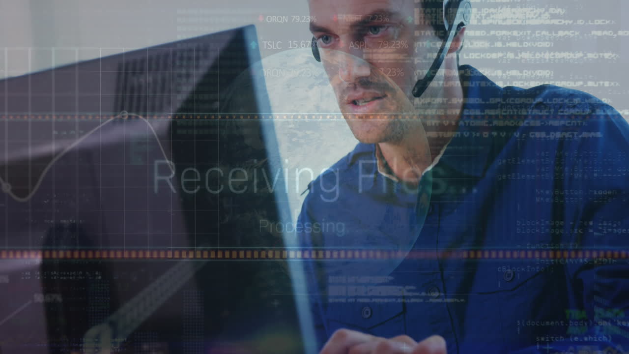 Animation of data processing over caucasian businessman using phone headset in office