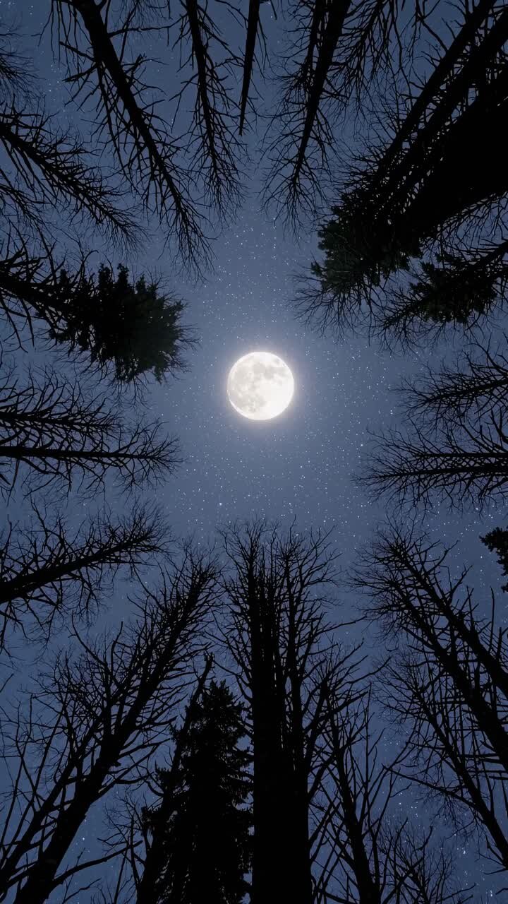 Un'inquadratura dal basso verso l'alto cattura una luna piena incorniciata da alberi alti e spogli contro un cielo stellato