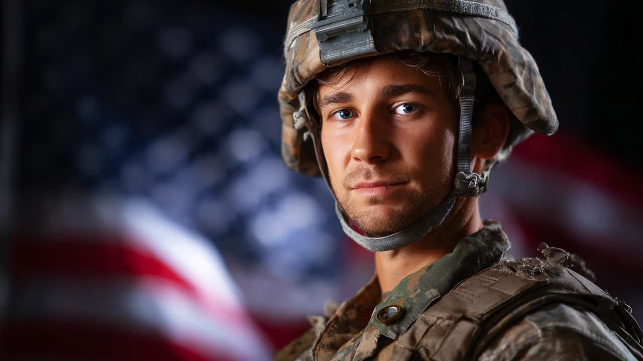 A Portrait of Resilience: Capturing the Determination and Pride in the Eyes of a Soldier Against the Background of the American Flag, Symbolizing Duty, Honor, and Service to Country