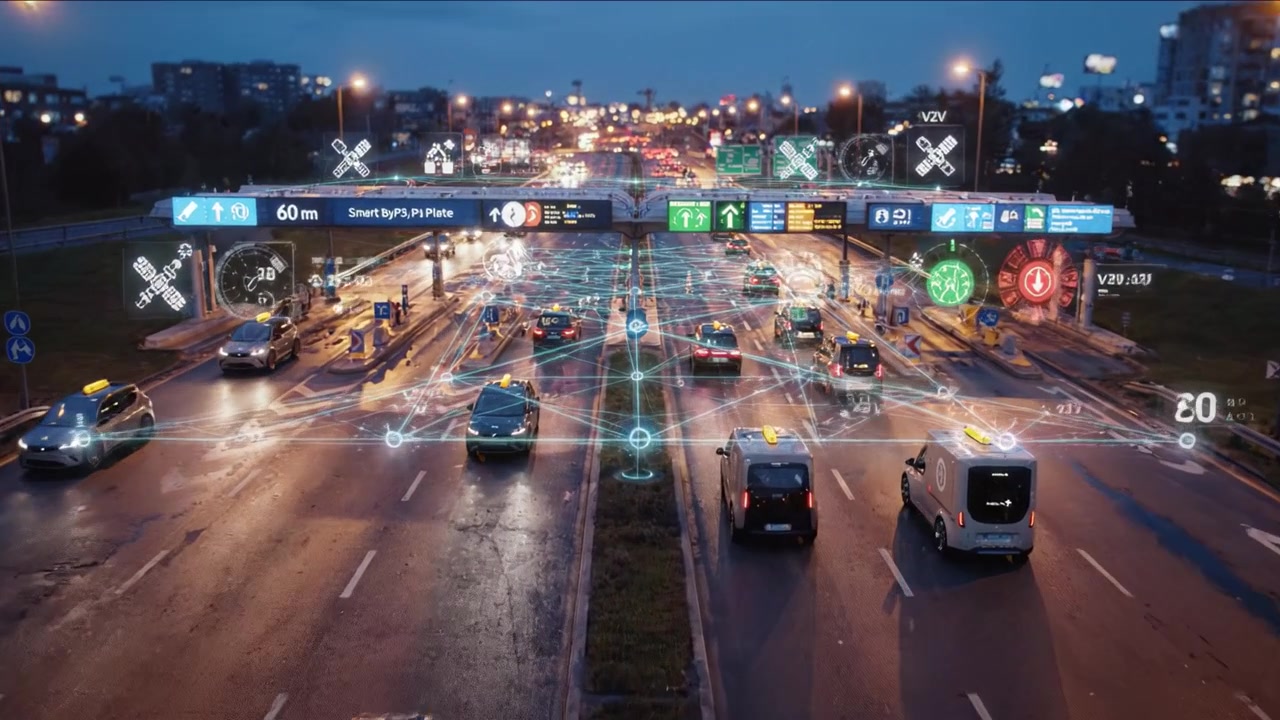 Incrocio urbano al tramonto: Persone che interagiscono con la tecnologia tra traffico e segnali digitali, rappresentando innovazioni di smart city e flusso di dati di trasporto