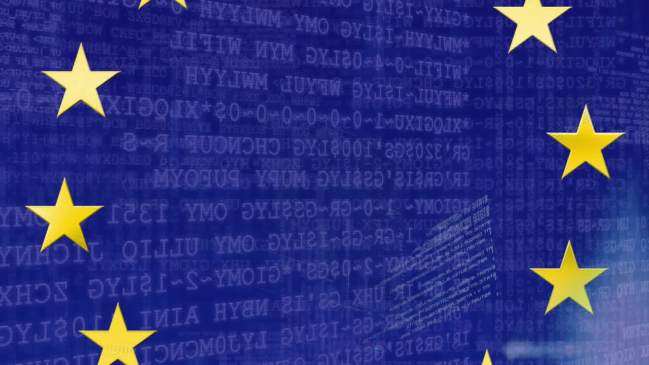 유럽 연합의  ⁇ 발의 별 위에 있는 금융 데이터 처리 애니메이션