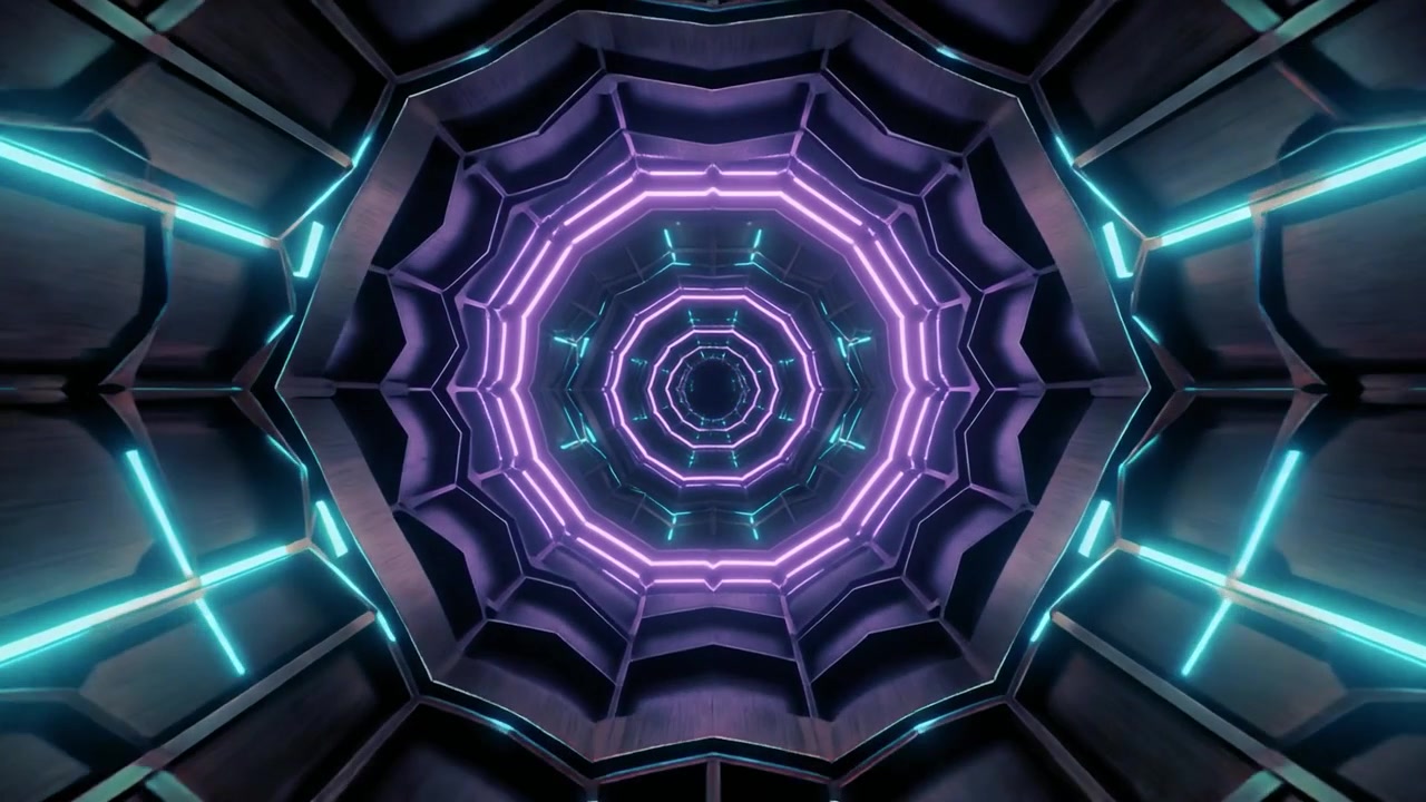 Futuristic Tunnel with Glowing Purple and Blue Neon Lights