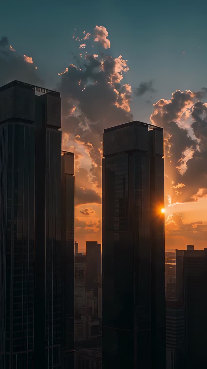 Vídeo vertical: Sol asomando entre edificios que provocan que una torre de cristal de la ciudad refleje el brillo del atardecer y las nubes