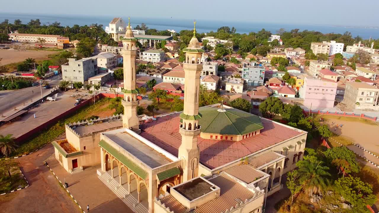 Aerial view in front of the central mosque, golden hour in Banjul City, Gambia