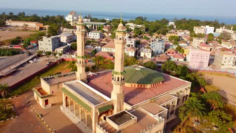 aerial view in front of the central mosque, golden hour in banjul city, gambia