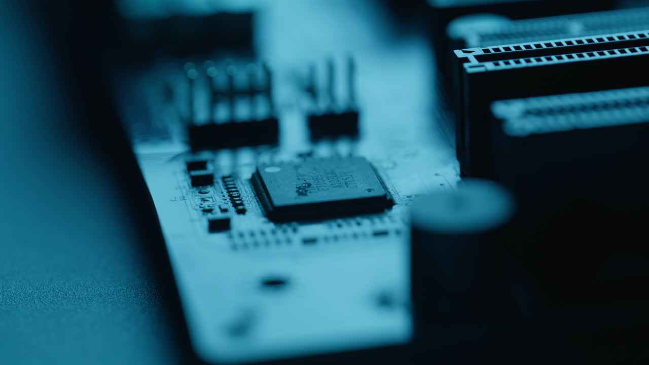 Closeup wires link core components across engineered circuit board. Processor