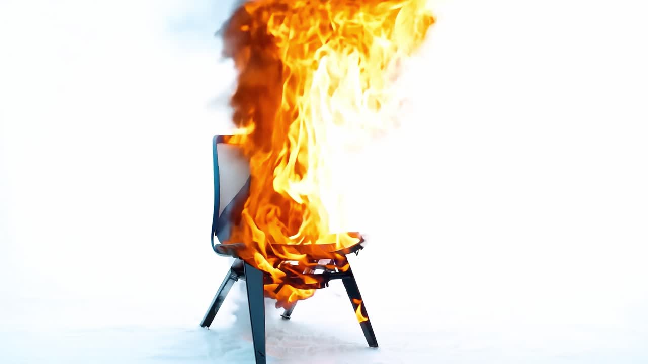 A metal chair on fire with smoke