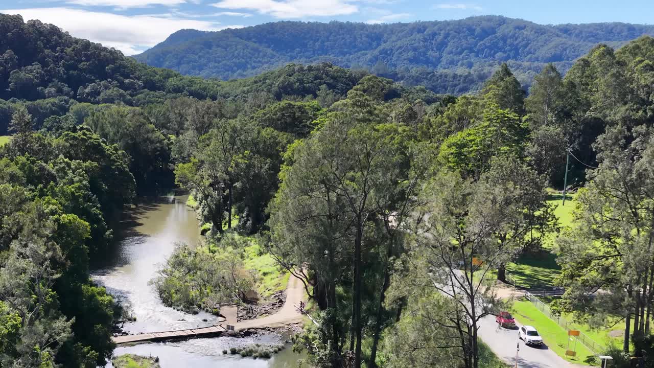 Aerial footage captures a tranquil forest and stream landscape under bright daylight, showcasing lush greenery and serene water flow