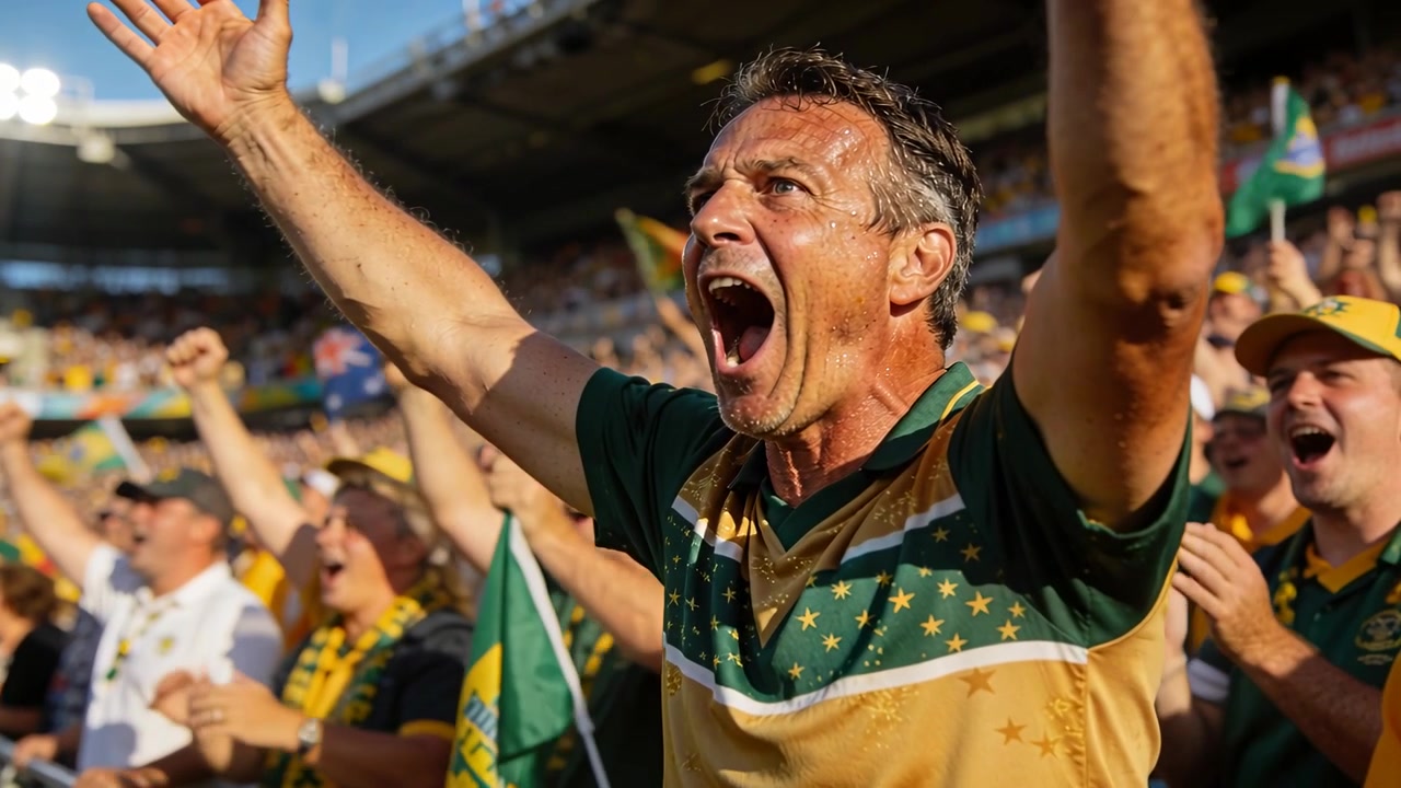 Aficionado masculino con camiseta de estrellas levantando los brazos en el estadio, animando después de la jugada, mientras los fans ondean banderas.