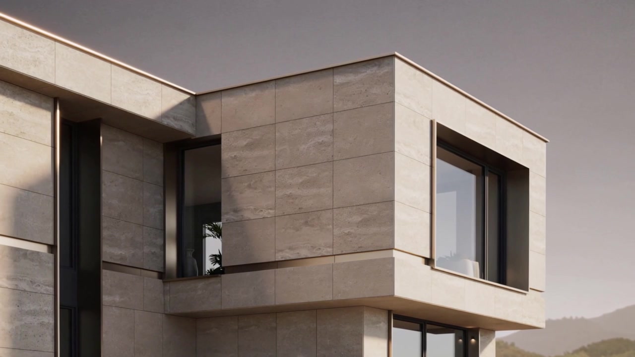 Câmera em movimento revelando o canto exterior de uma casa moderna de dois andares, mostrando painéis de pedra e uma planta.