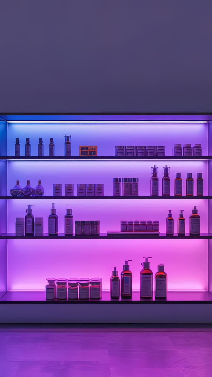 Vertical video: Shifting LED strip lighting recessed glass shelving at salon, displaying products