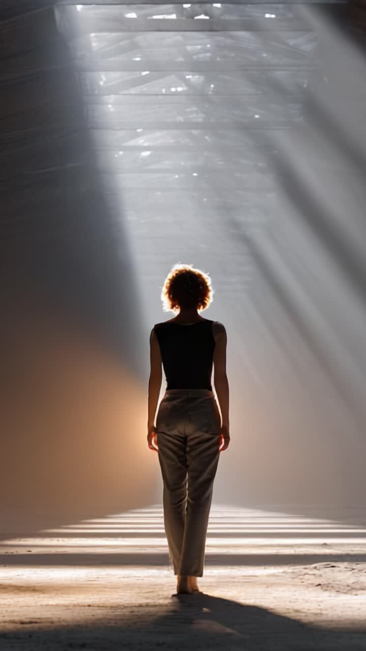Una figura contemplativa cammina verso una fonte di luce radiosa in uno spazio suggestivo illuminato da fasci di luce, creando una potente narrazione visiva di solitudine ed esplorazione.