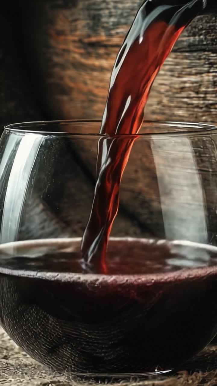 Un voyage captivant au cœur d’un vin rouge intense alors qu’il se déverse dans un verre, révélant sa couleur profonde et ses bulles éthérées sur un fond de bois rustique