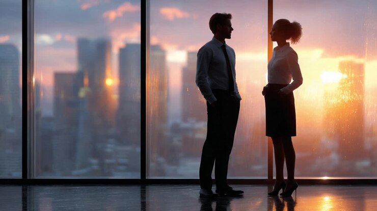 Una conversazione ponderata: due professionisti impegnati in un dialogo sullo sfondo di un tramonto mozzafiato in un moderno ambiente d'ufficio