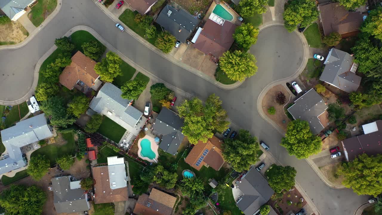 미국 캘리포니아의 교외와 숲 위에서 떠오르는 공중 조류의 눈  ⁇