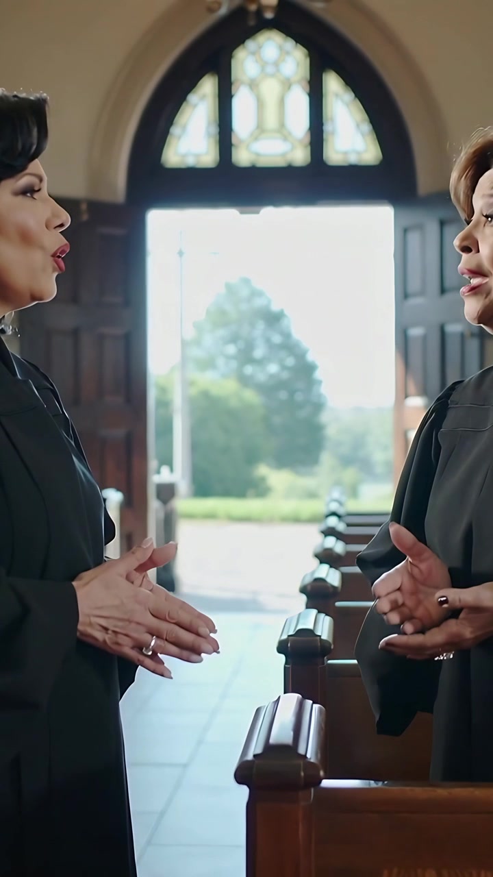 Video verticale: Due coriste che provano i testi degli inni nella navata di una chiesa, tra i banchi.