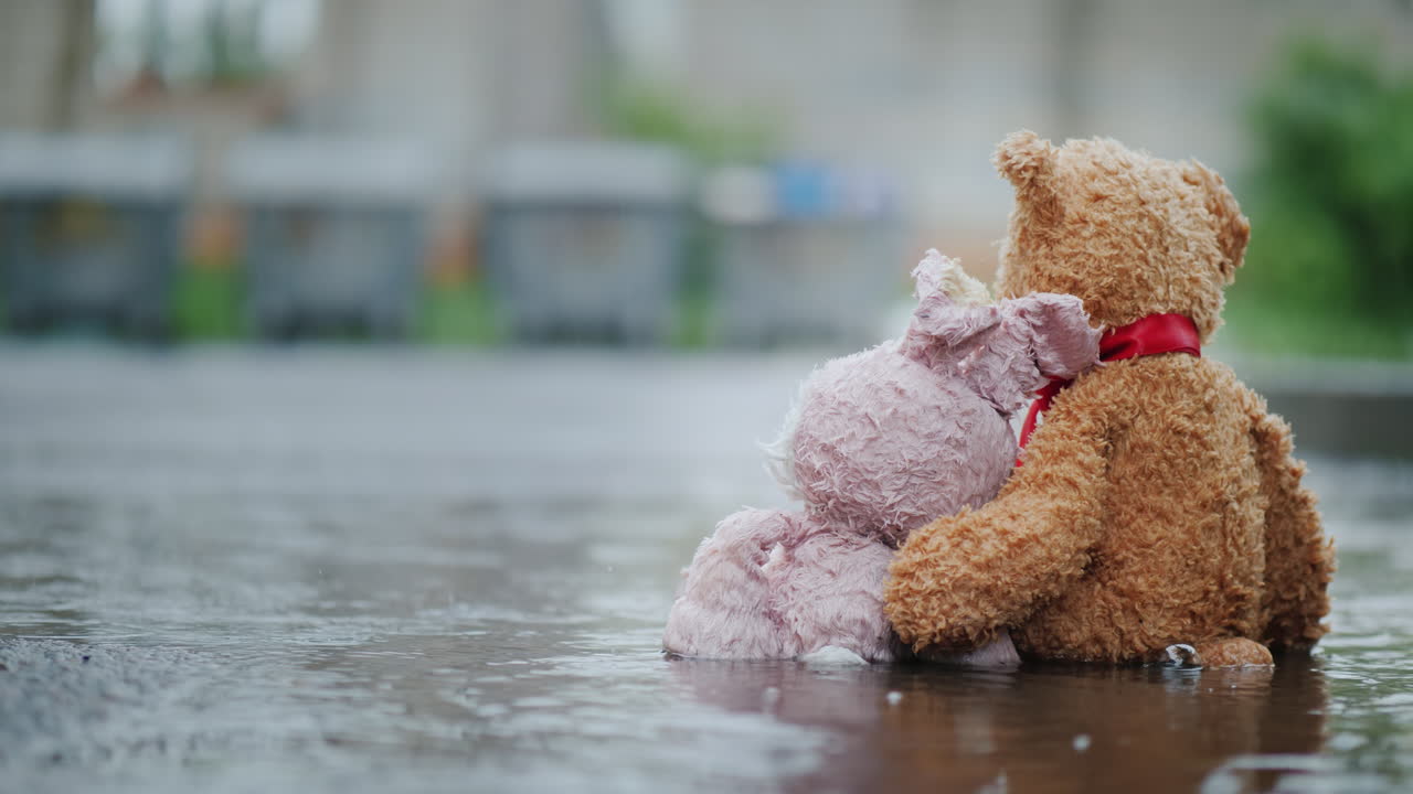 dos amigos - una liebre y un cachorro de oso están sentados en el asfalto bajo la lluvia miran los botes de basura en