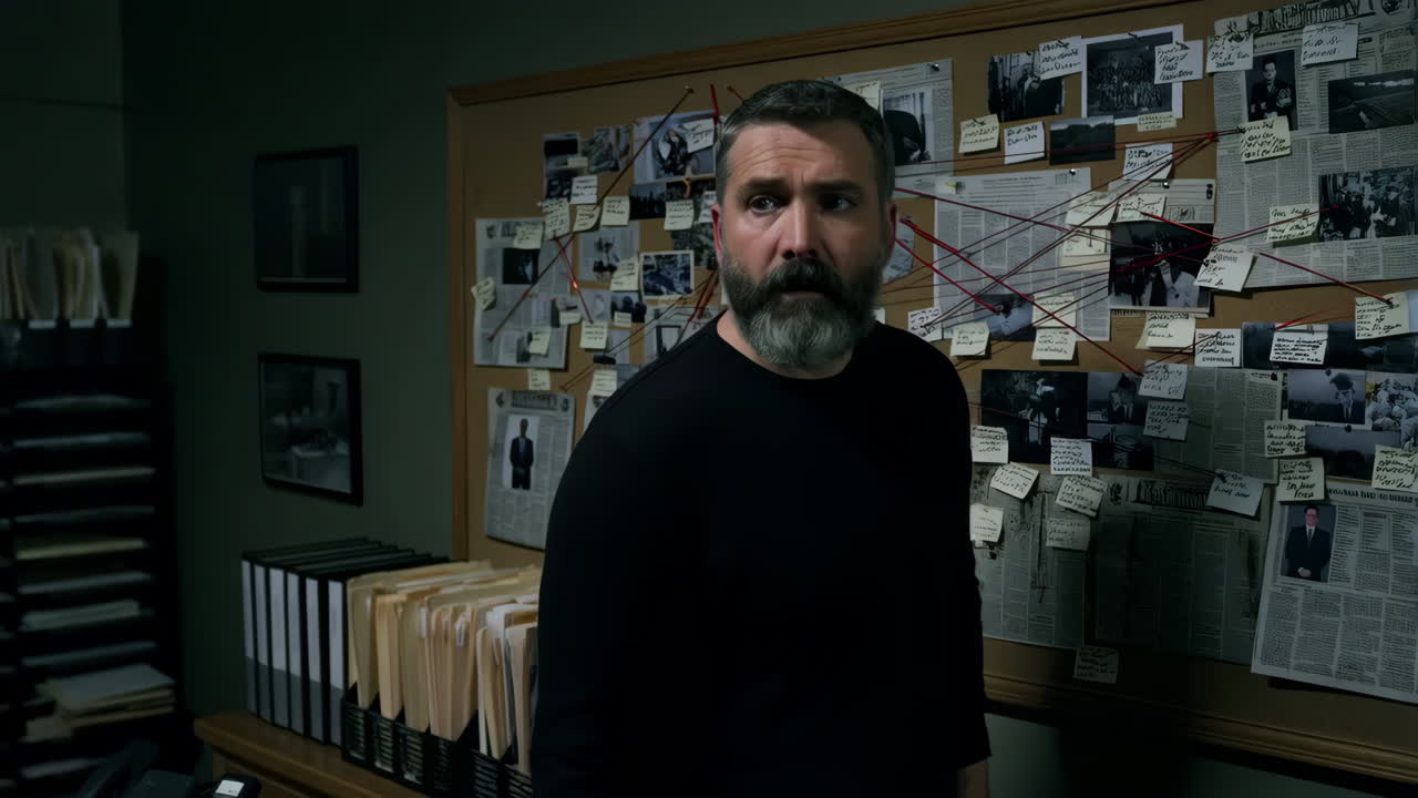 Man investigating a crime evidence board