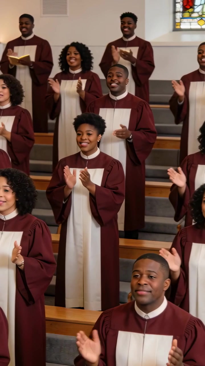 Vertical video: Singing church choir starting hymn on risers during worship, clapping maroon robes