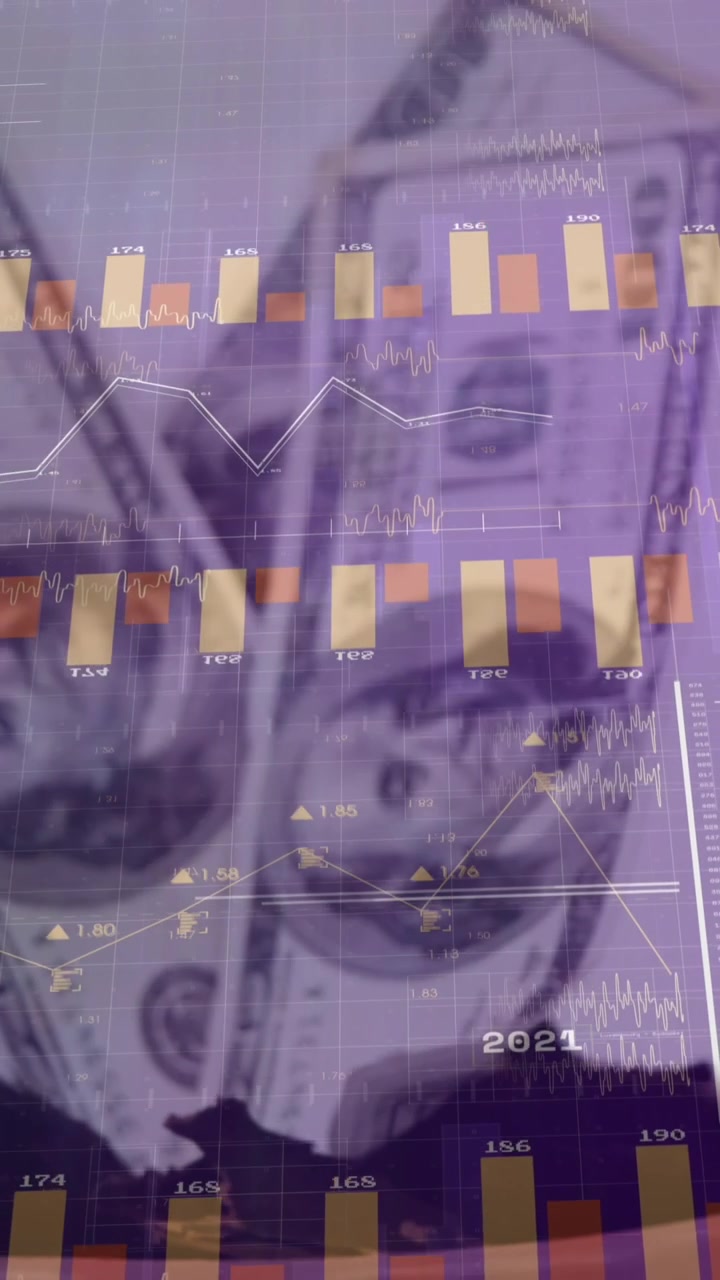 Animación de procesamiento de datos financieros sobre dólares, sobre fondo blanco