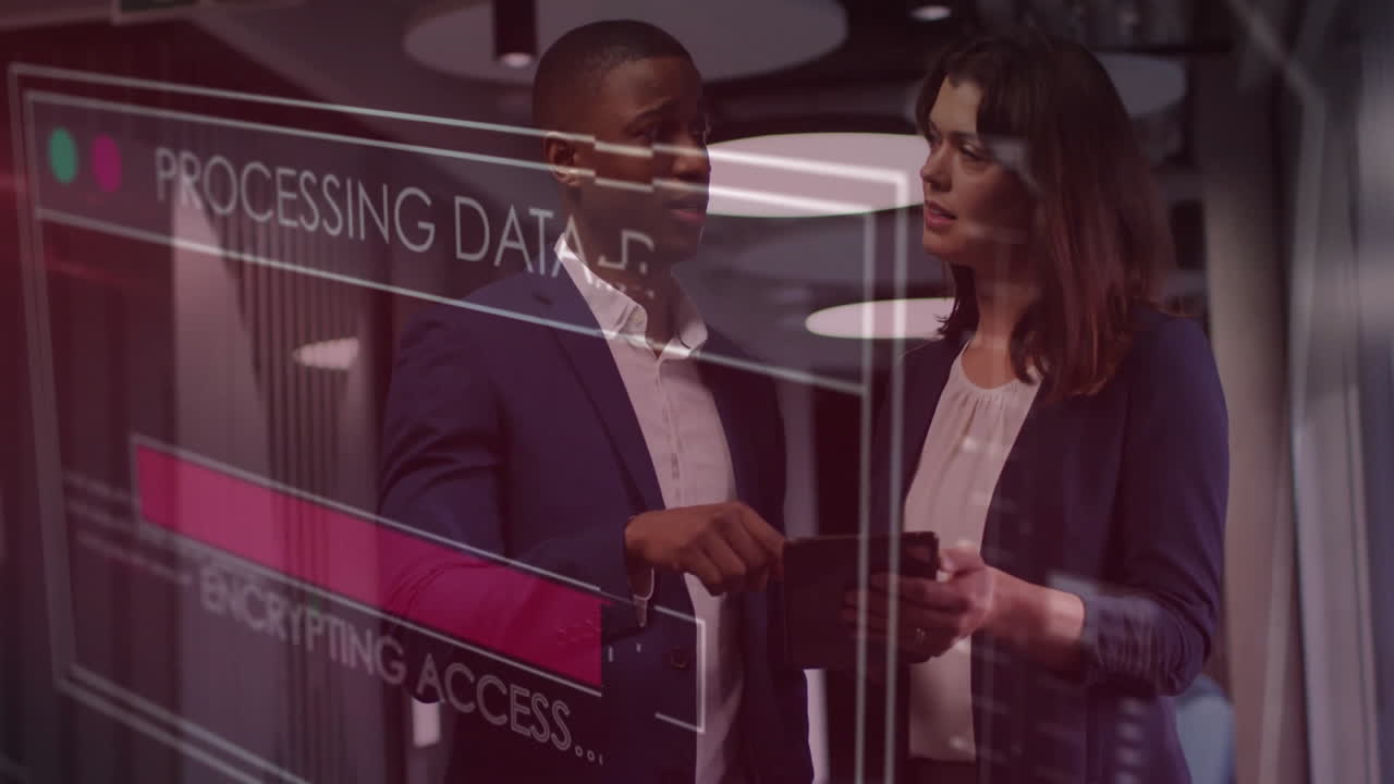 Processing data animation, business professionals discussing in office meeting room