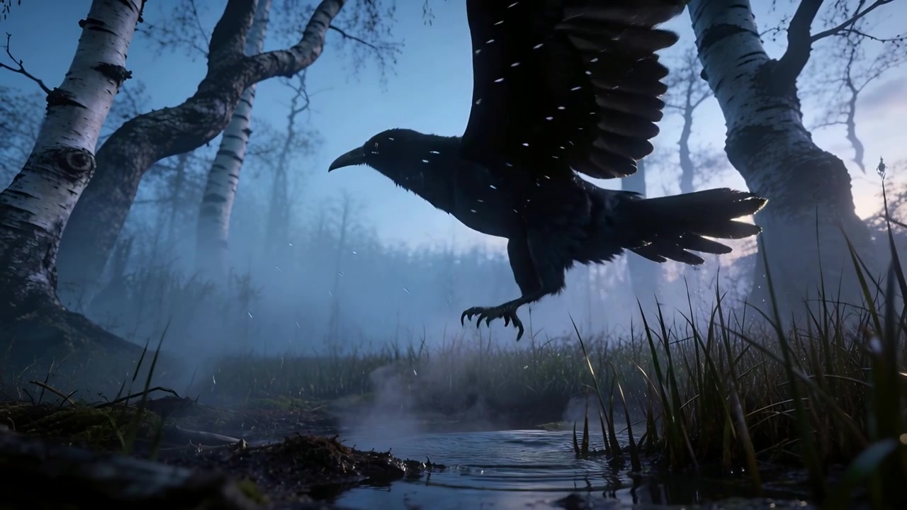Lifting single black corvid pushing off birch marsh with legs, gaining lift and scattering droplets
