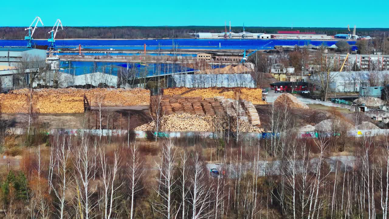 Rows of freshly cut logs fill a large lumber yard bordered by blue warehouses, cranes, and leafless trees under a bright clear sky.