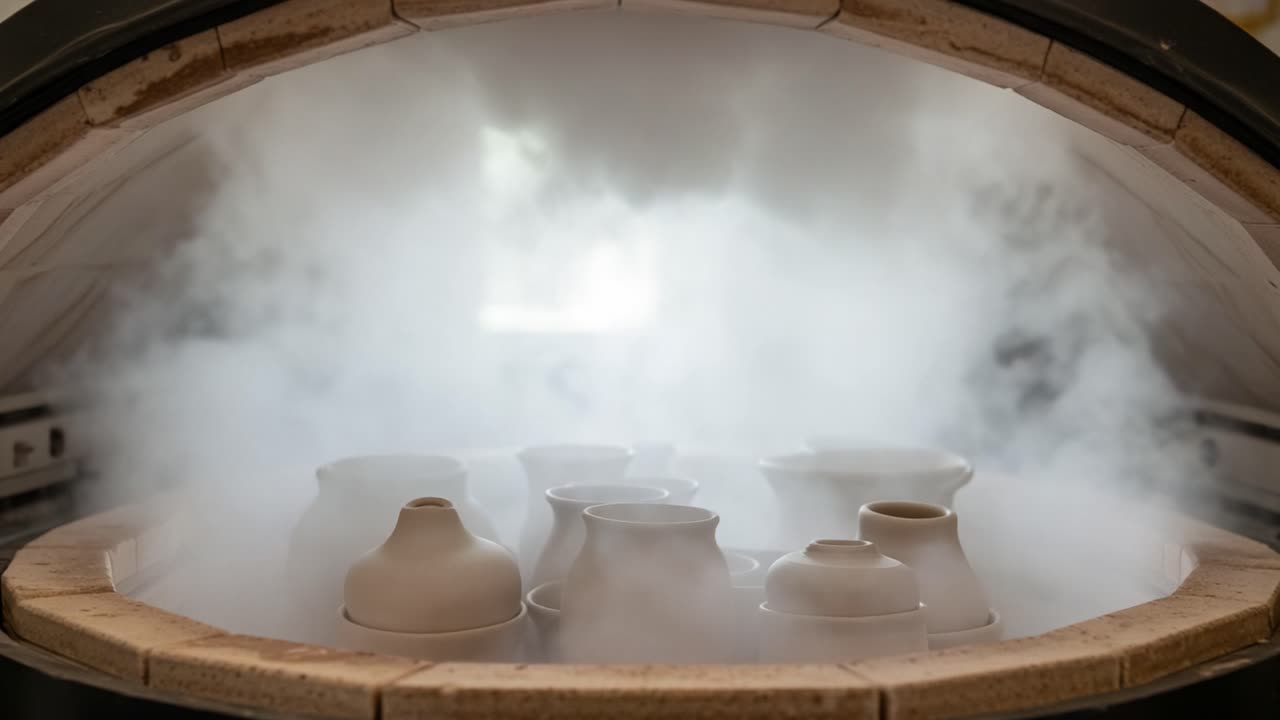 The Art of Ceramics: A Glimpse Inside the Kiln as Steam Erupts Around Freshly Crafted Pottery, Signifying the Transformation of Clay into Works of Art