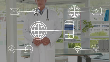 In office, doctor using animation of digital communication icons for work