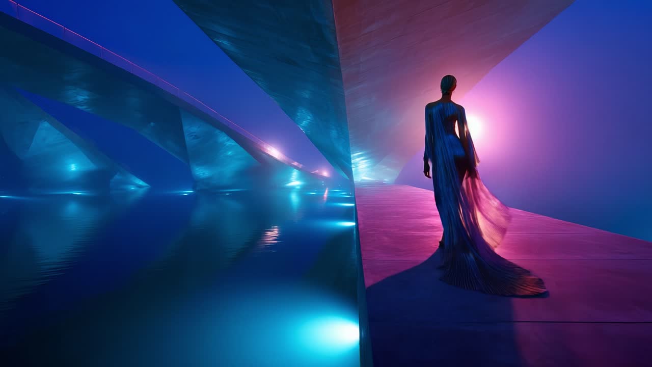 A stunning figure adorned in an ethereal gown stands gracefully on a surreal platform, illuminated by soft, colorful lights reflecting on smooth waters, creating a dreamlike atmosphere