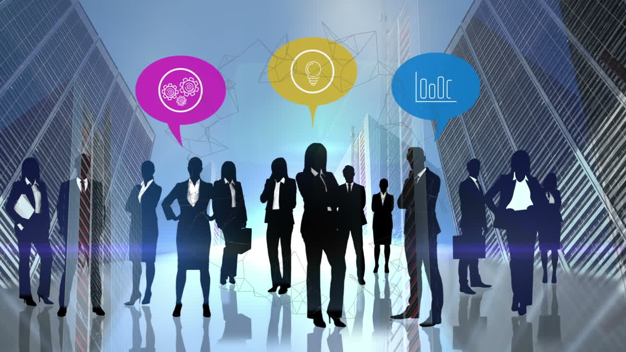 도시 풍경 위에 있는 사업가들의 실루 ⁇ 의 애니메이션