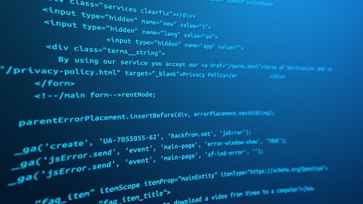 Blue screen modern tech program development and blockchain concept developer working on program