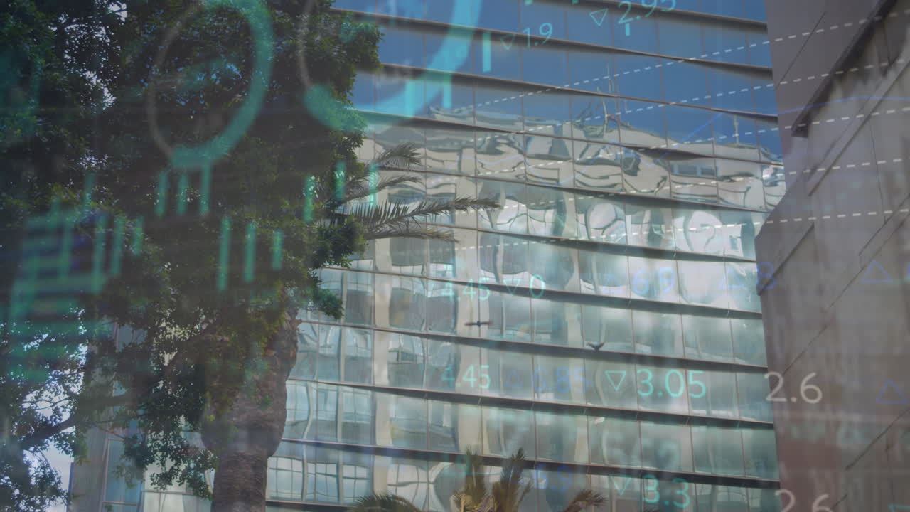 animación del procesamiento de datos estadísticos y bursátiles contra edificios altos