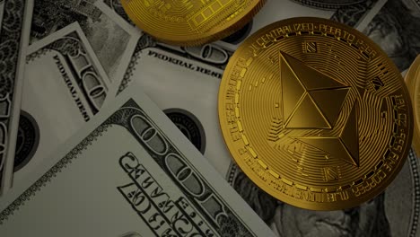 ethereum eth coins with 100 dollars bills. digital crypto coin and cryptocurrency. concept of exchange market and online trading