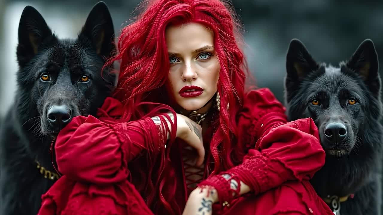 A woman with red hair and two black dogs