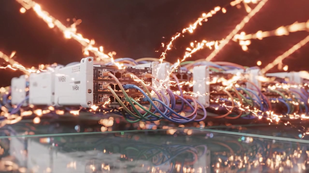 Dynamic Display of Electrical Components with Vibrant Cables Illuminated by Sparks in a Technological Setting Showcasing Innovation and Engineering Mastery