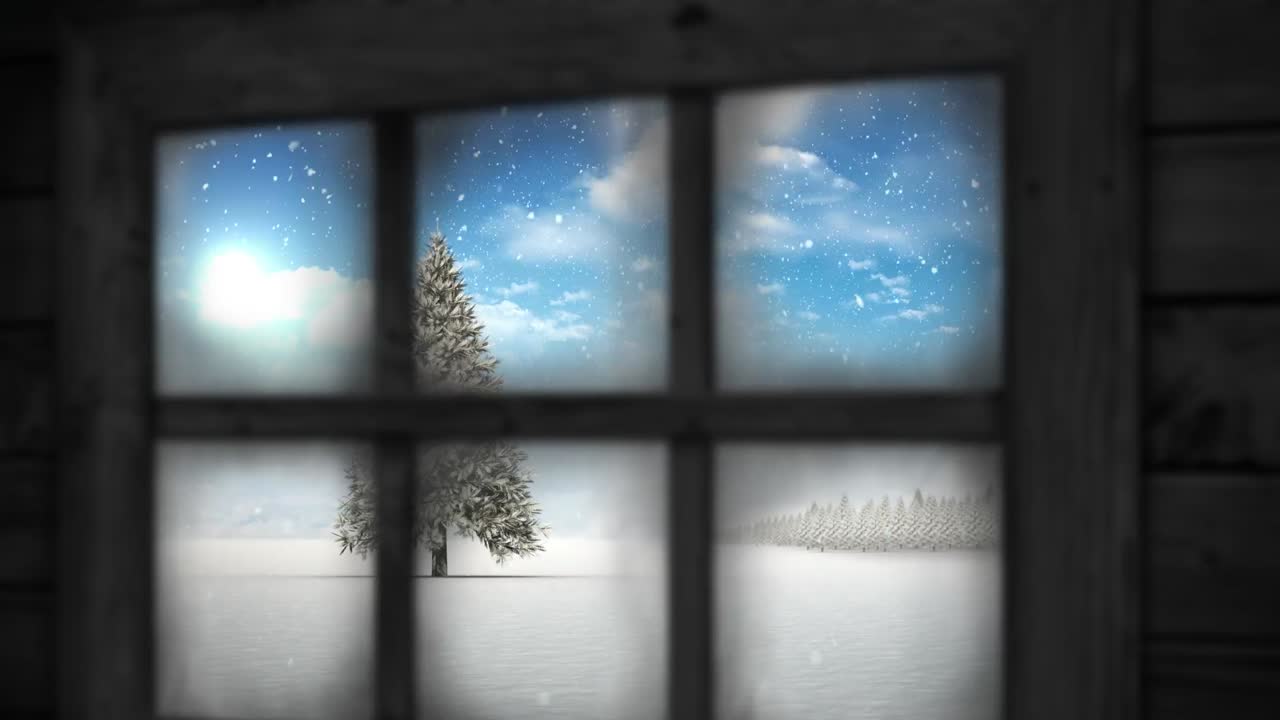 크리스마스 트리 위에 내리는 눈의 애니메이션과 창문을 통해 볼 수 있는 겨울 풍경