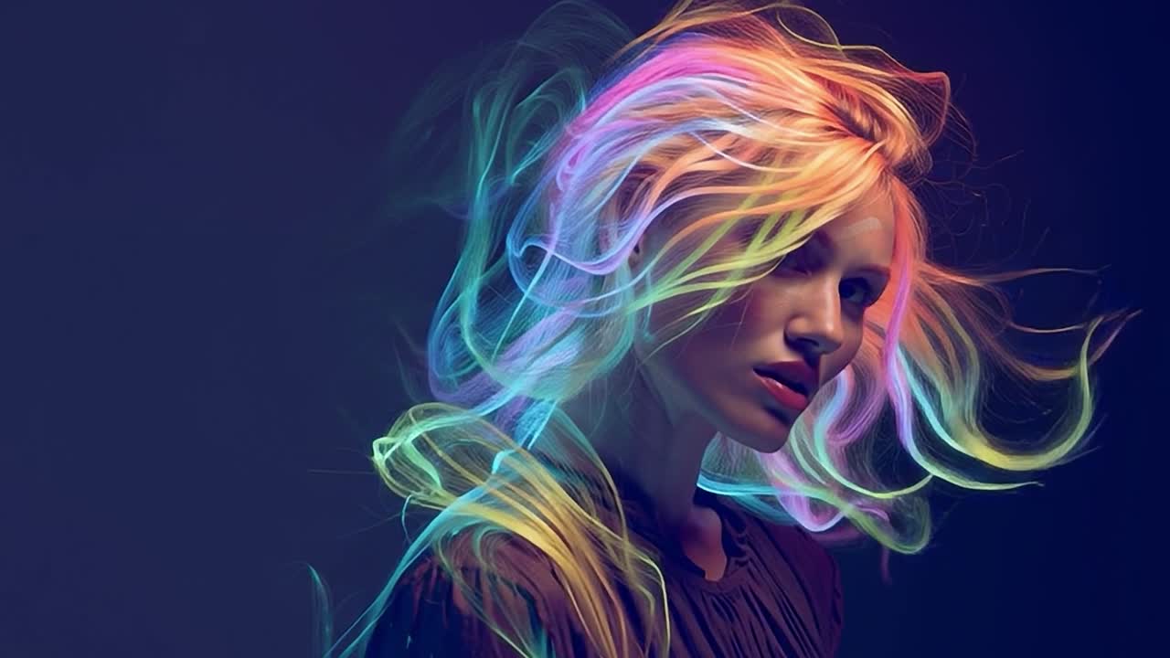 Colorful hair flowing in artistic display against dark background