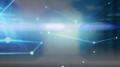 animación de la red de conexiones con puntos de luz con globo sobre la sala del servidor