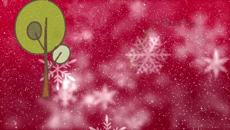 Animación-Del-Dibujo-De-Un-árbol-Con-Nevadas-Y-Copos-De-Nieve-Sobre-Fondo-Rojo