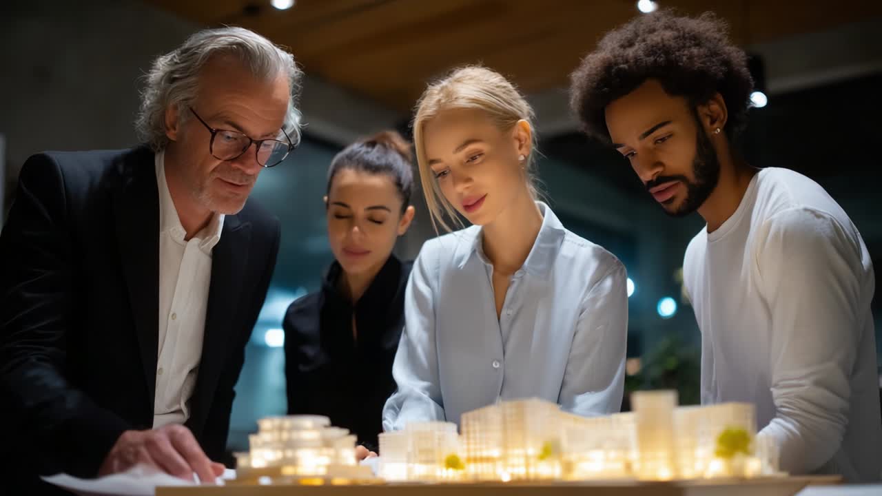 Business team working on architectural model in office