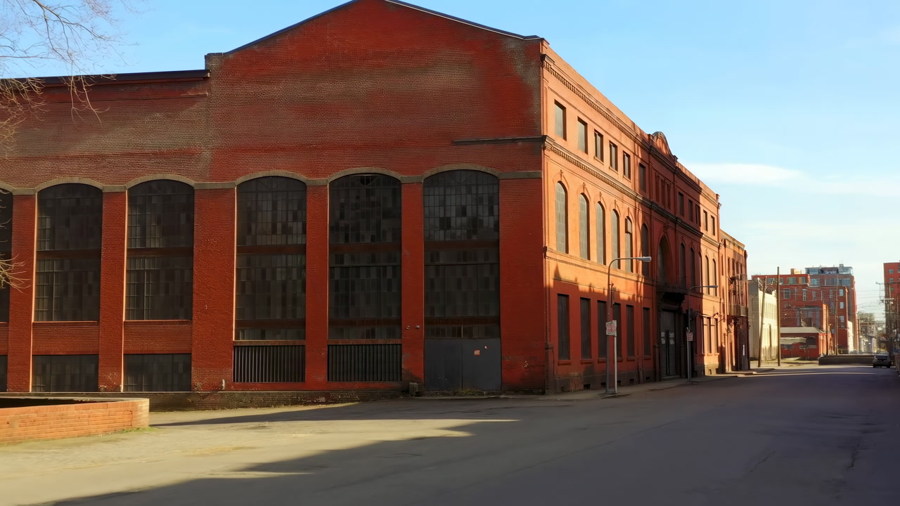 Empty Red Brick Warehouse Facade Bathed In Sunlight On Quiet Urban Street Arched Industrial Windows, Weathered