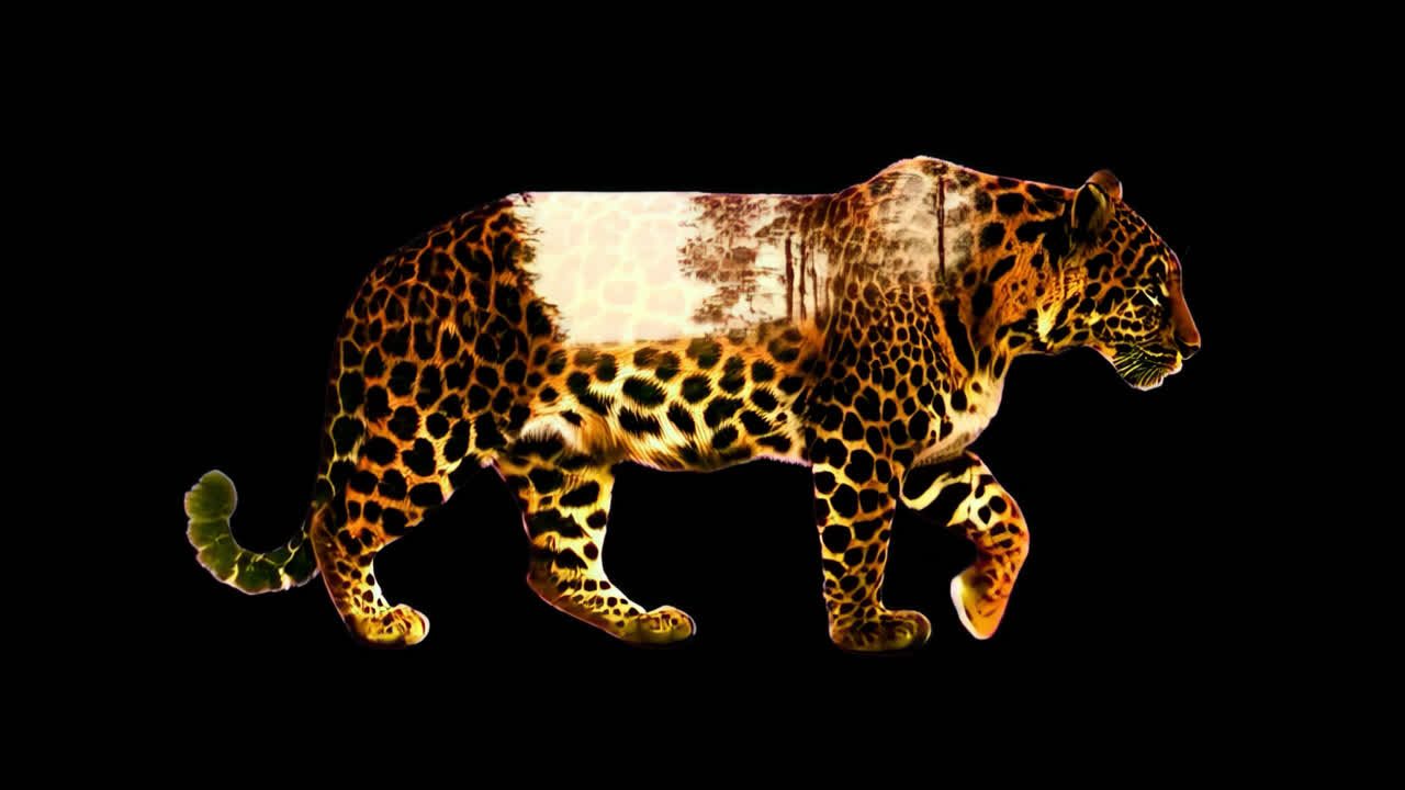 Double exposure leopard animal animation isolated asset, transparent 4K video, alpha channel, ProRes