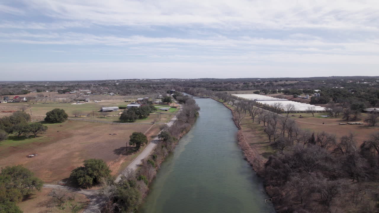Aerial view of the Blanco River outside of Blanco, Texas in the winter