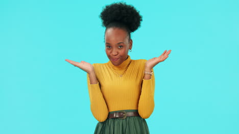 Shrug,-face-and-young-woman-in-a-studio