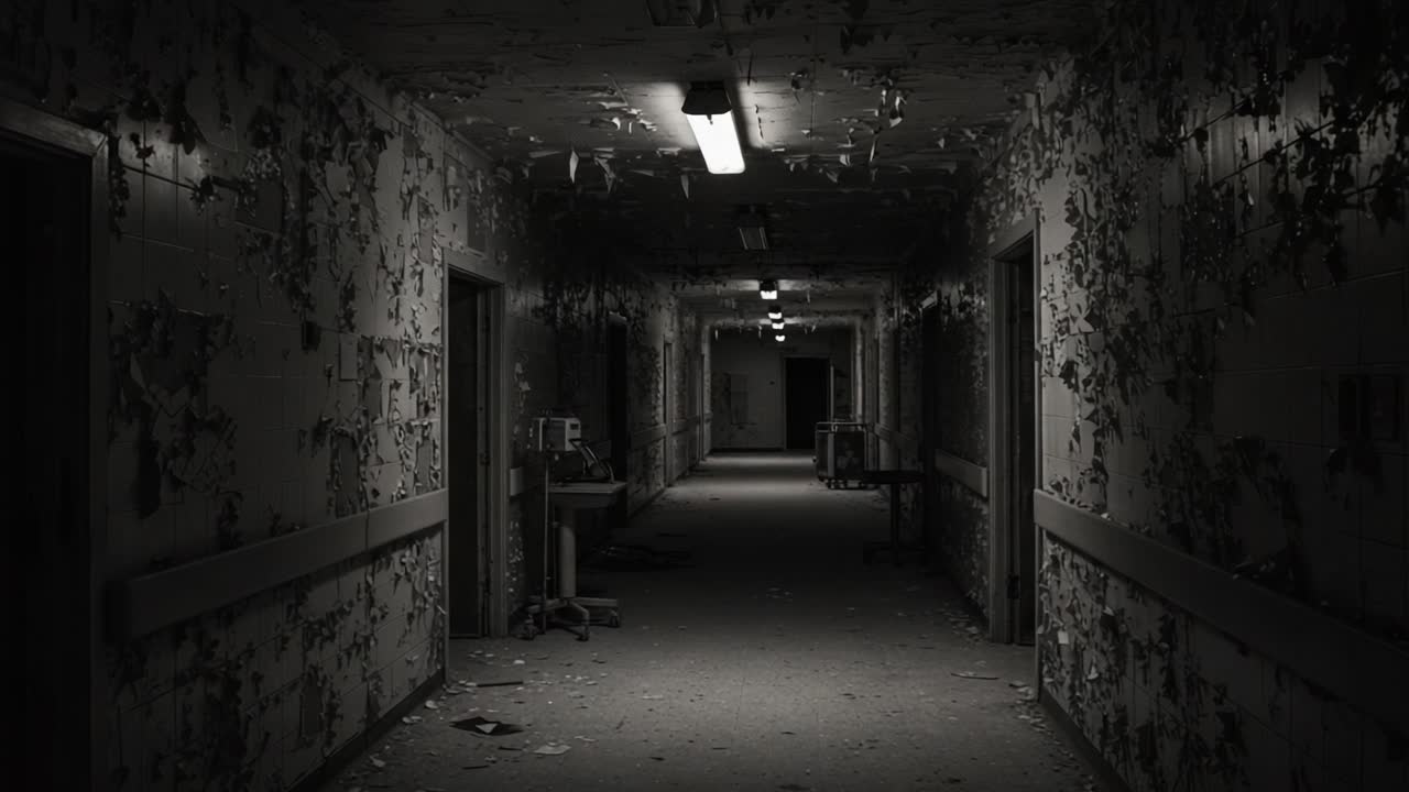 A Hauntingly Desolate Hospital Corridor Captured in Shadows and Decay, Reflecting the Passage of Time and Neglect in an Abandoned Space