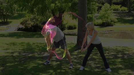 people stretching in park with colorful digital wave animation over them